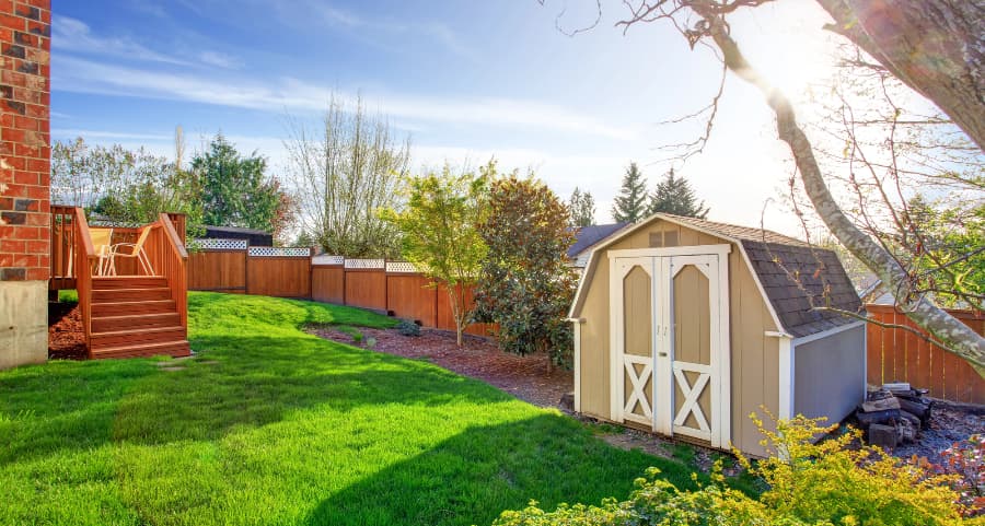 Fenced backyard with storage shed in Brownsville